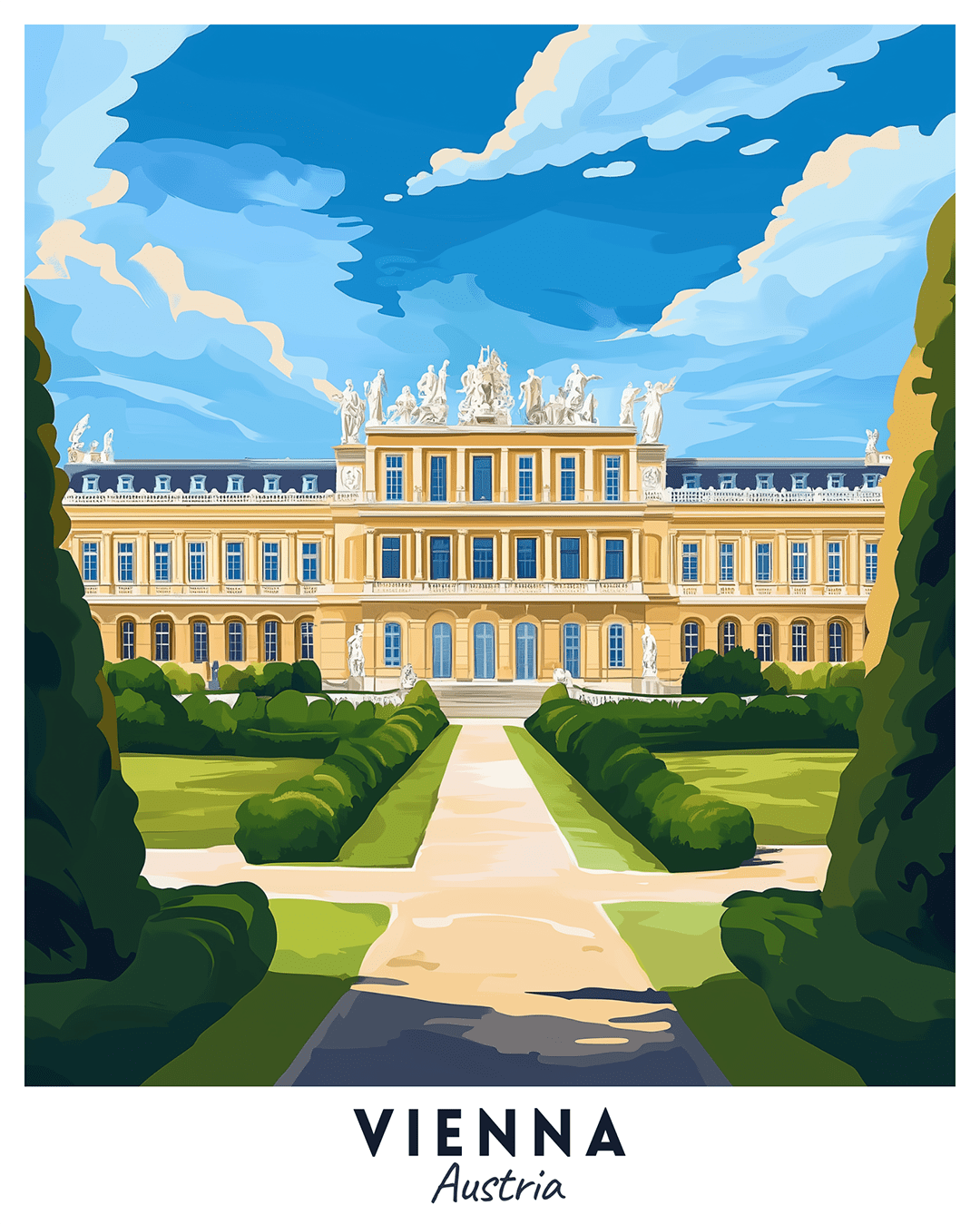 Vienna Austria paint by numbers canvas showing grand palace facade, landscaped gardens, central pathway, and classical statues