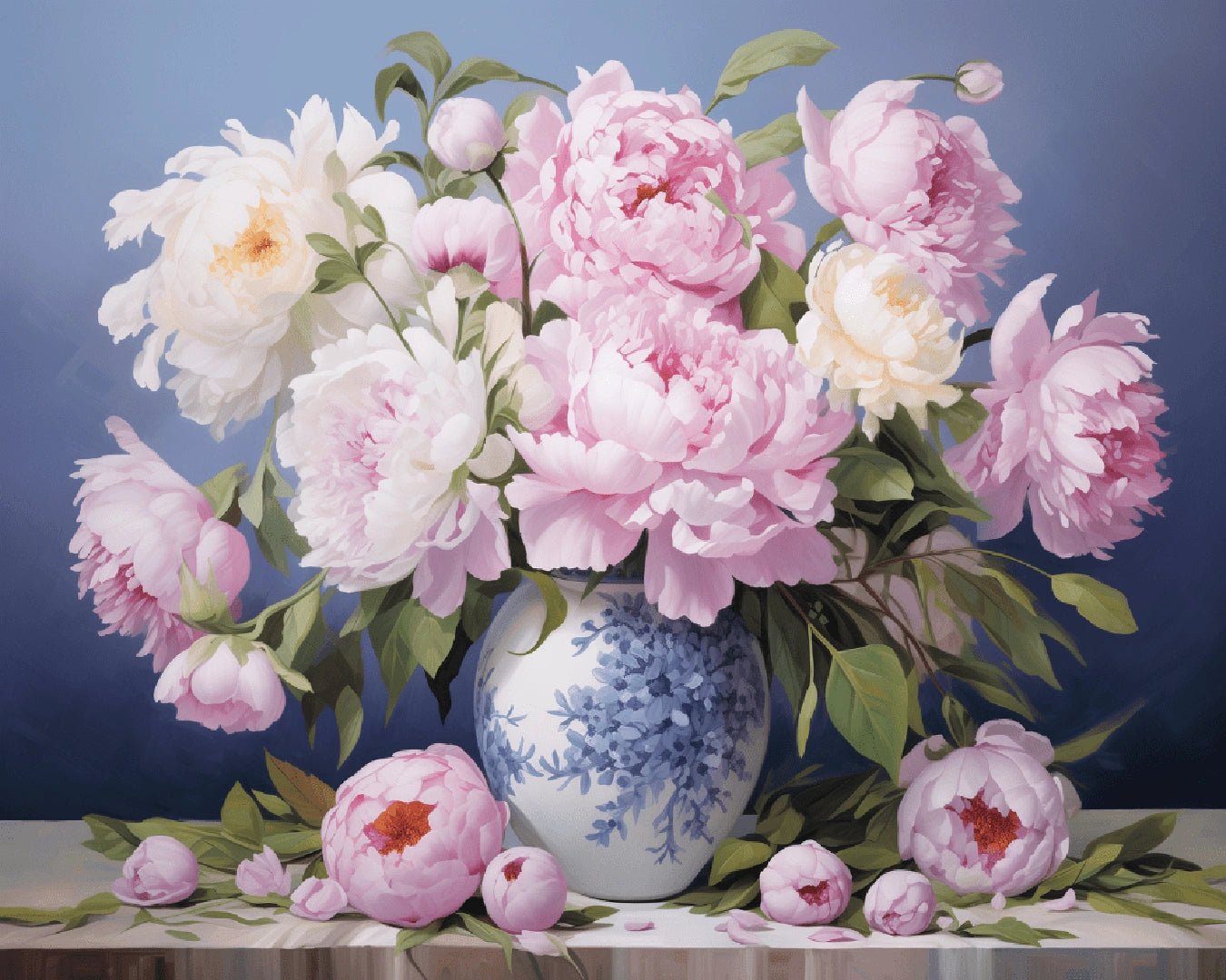 Peony paint by numbers kit canvas painting with a vintage floral bouquet and soft pastel tones