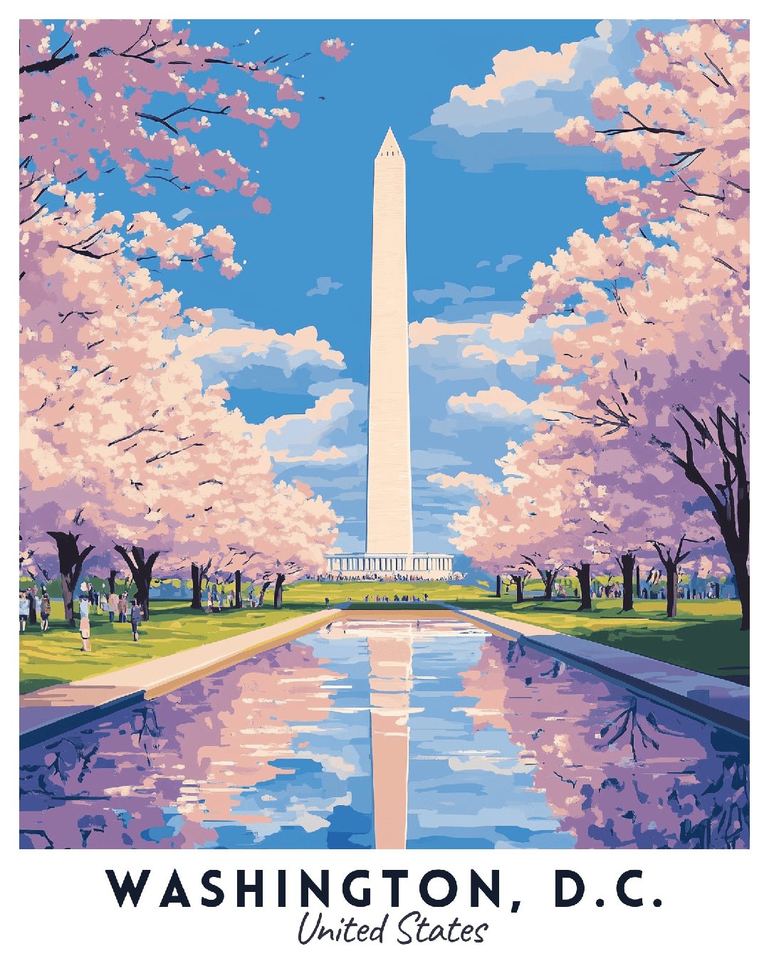Washington DC paint by numbers canvas showing the Washington Monument, pink cherry blossom trees, and reflective water