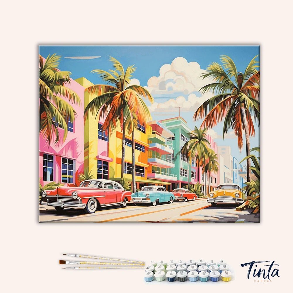 Clean artwork of Welcome to Miami paint by numbers kit featuring pastel architecture and tropical street scene