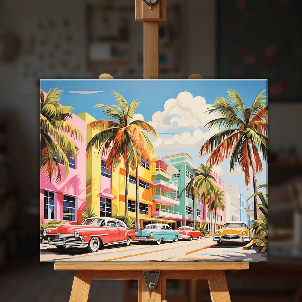 Welcome to Miami paint by numbers kit displayed on easel in bright setting with vibrant coastal city artwork