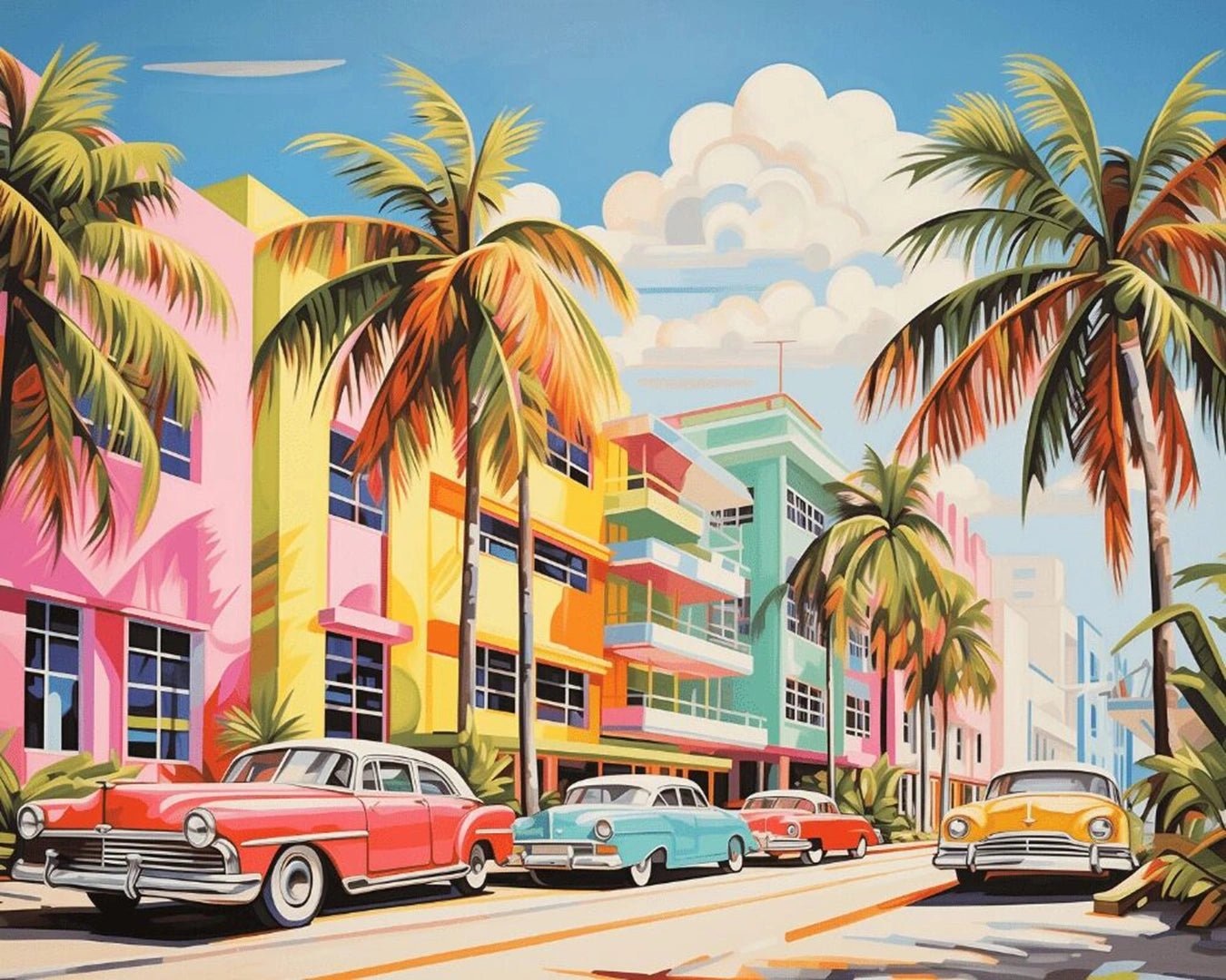 Raw landscape of Welcome to Miami paint by numbers kit showing palm-lined street, retro cars, and colorful buildings
