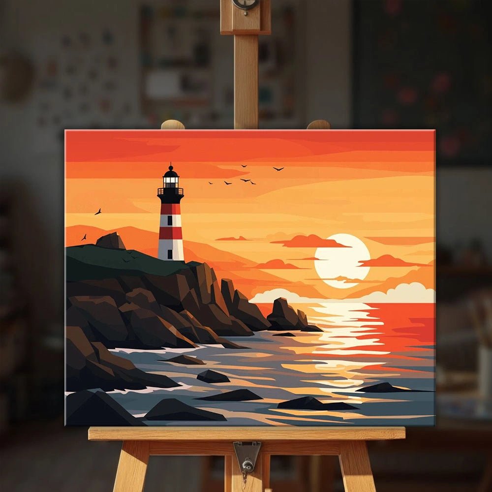 Western Lighthouse paint by numbers kit displayed on easel in cozy setting with warm coastal sunset scene