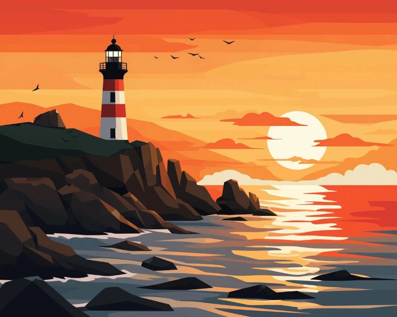 Raw landscape of Western Lighthouse paint by numbers kit showing lighthouse, cliffs, ocean, and orange sky