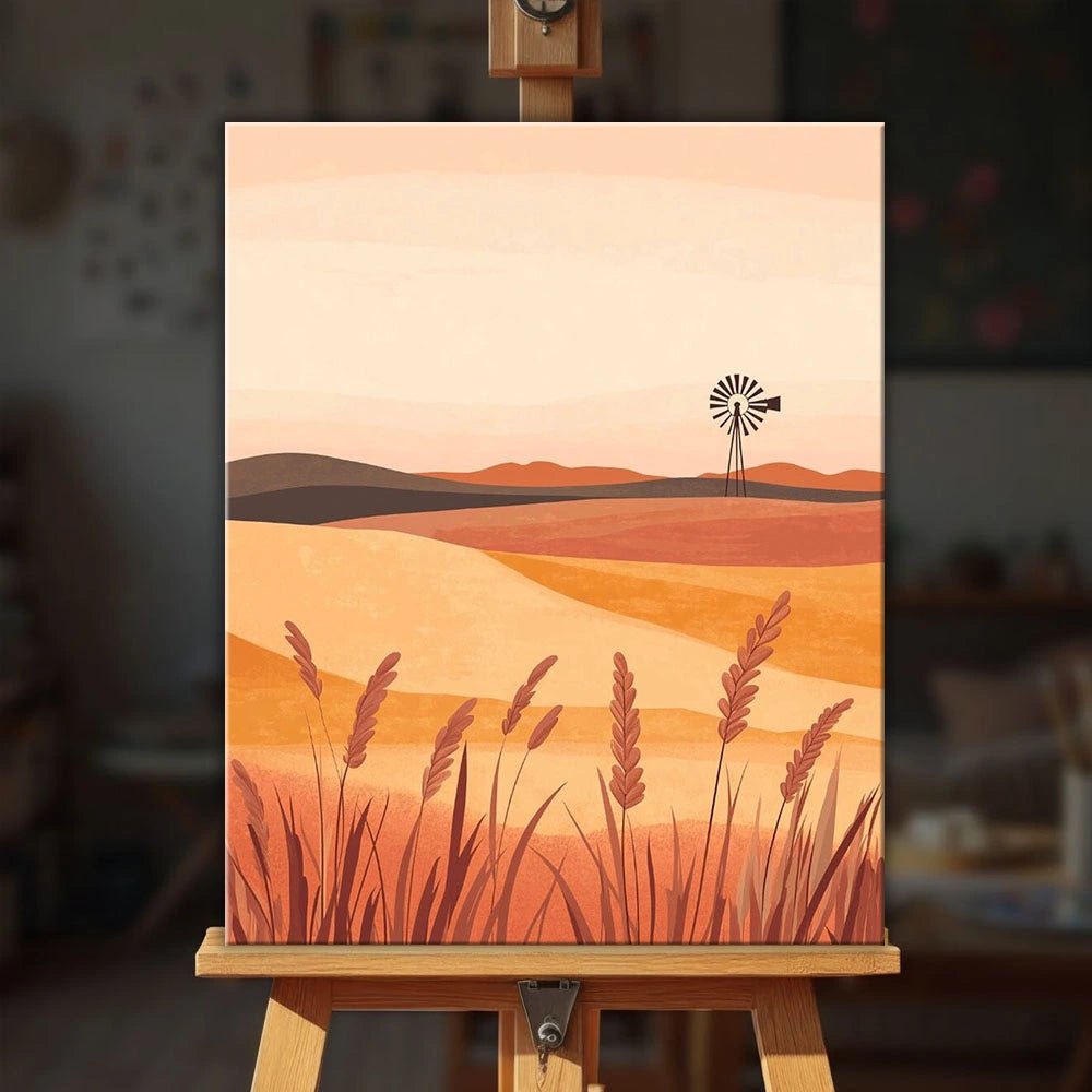 Wheat Field paint by numbers kit displayed on easel in cozy setting with warm and calming rural scenery