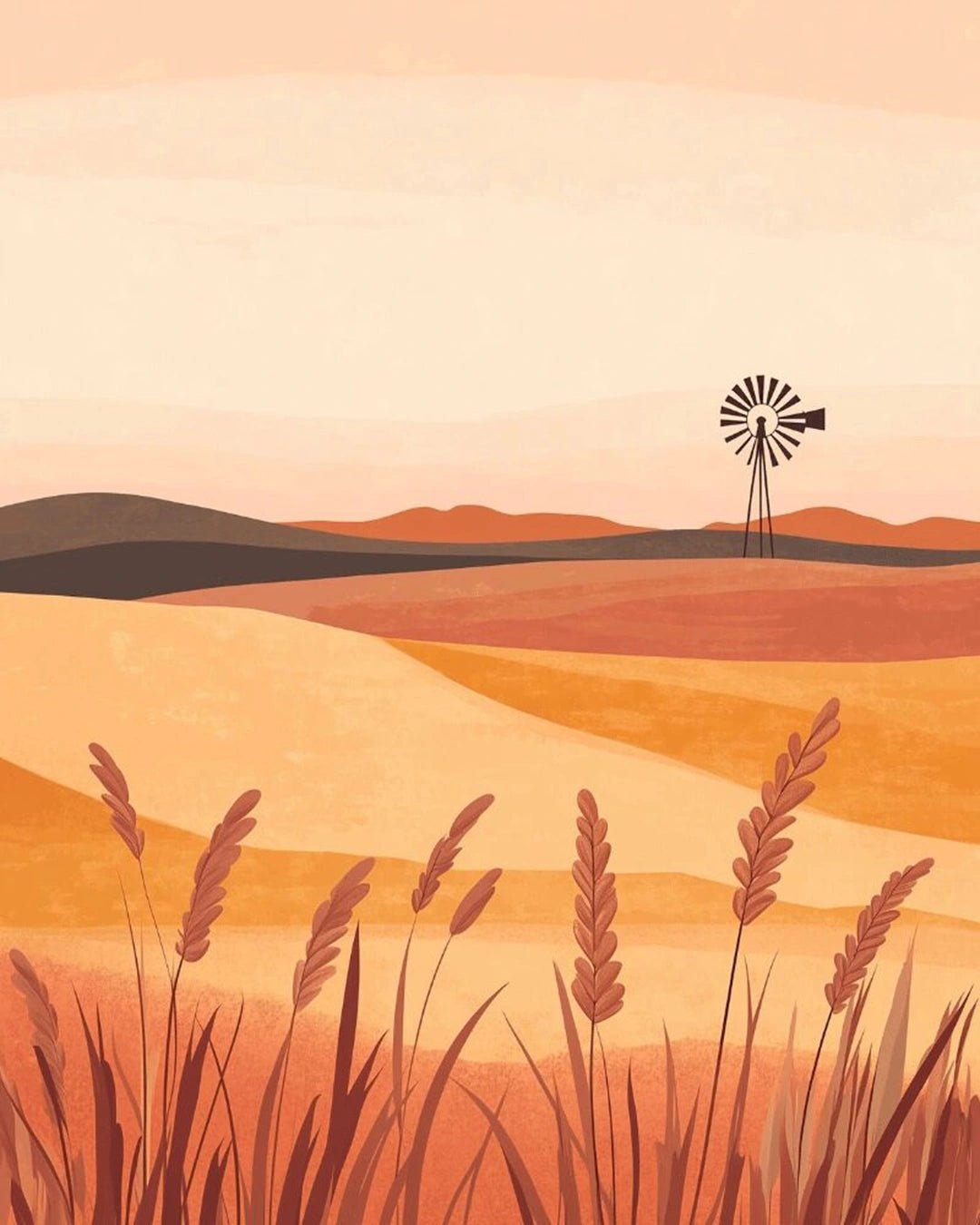 Raw landscape of Wheat Field paint by numbers kit showing fields, windmill, and soft earthy tones