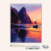 Clean artwork of Where Land Meets Sea paint by numbers kit featuring coastal cliffs and glowing sunset horizon