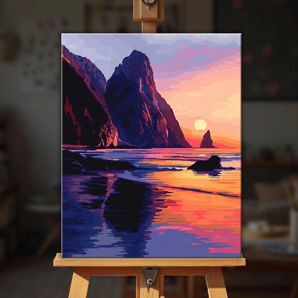 Where Land Meets Sea paint by numbers kit displayed on easel in cozy setting with vibrant seaside landscape