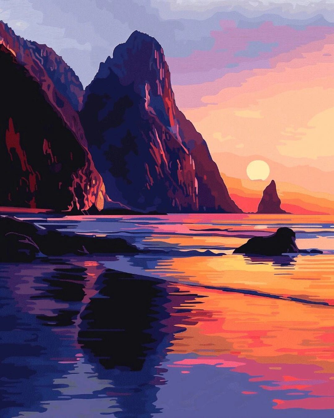 Raw landscape of Where Land Meets Sea paint by numbers kit showing shoreline, mountains, and colorful reflections