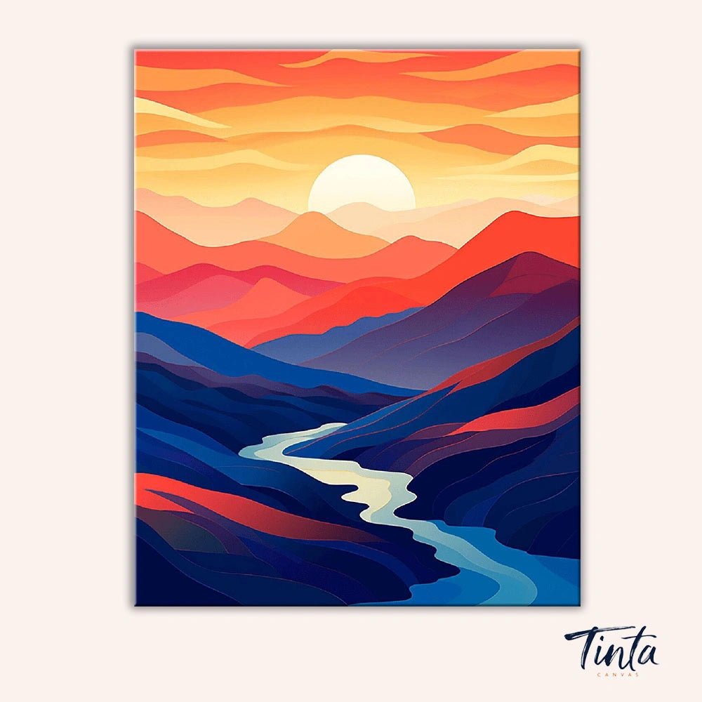 Full artwork of Where the River Rests paint by numbers kit showing sunset hills and flowing blue river by Tinta Canvas