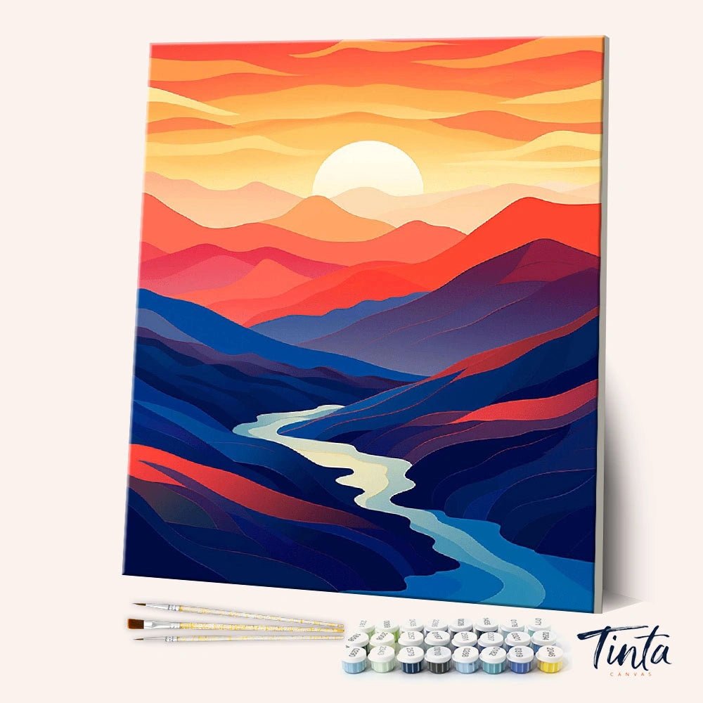 Angled canvas view of Where the River Rests paint by numbers kit with layered mountains and winding river by Tinta Canvas