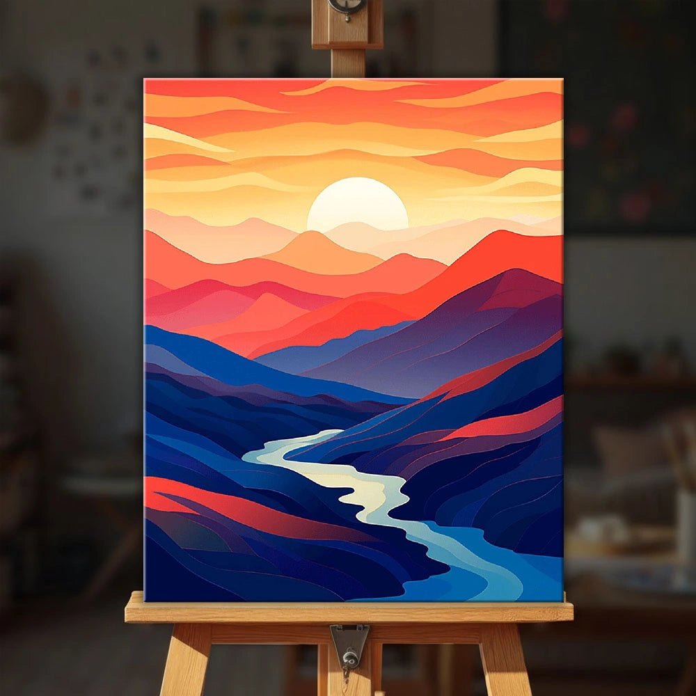 Where the River Rests paint by numbers kit displayed on an easel in a warm home interior by Tinta Canvas