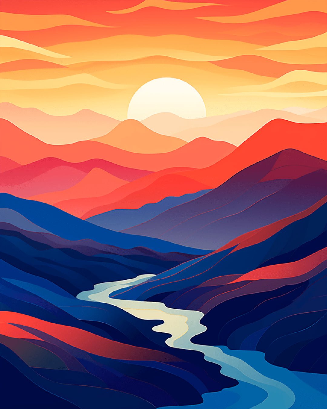 Where the River Rests paint by numbers kit showing a calm river flowing through colorful layered hills and mountains
