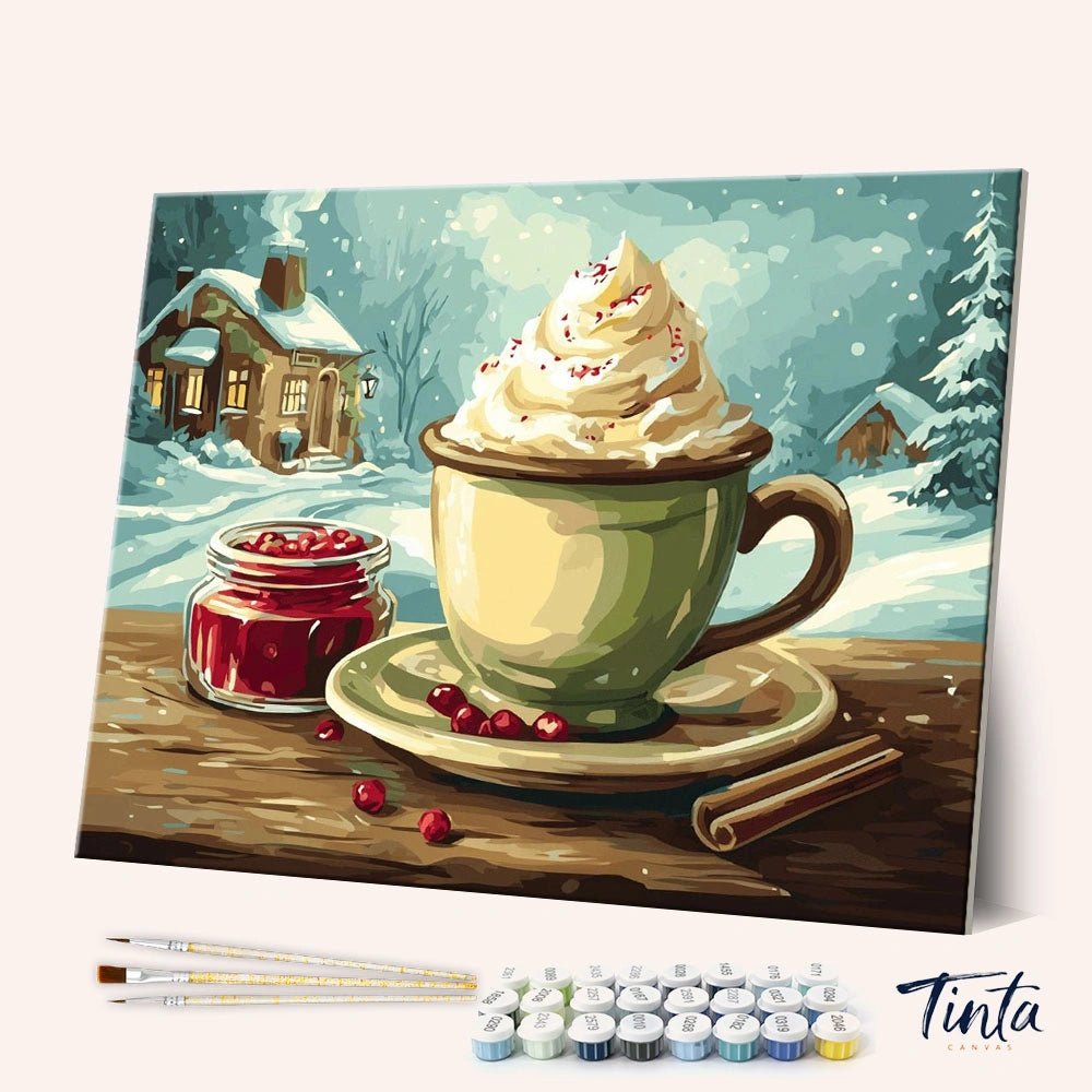 Whipped Cream Delight paint by numbers kit shown in angled view with warm drink, whipped topping, and snowy background