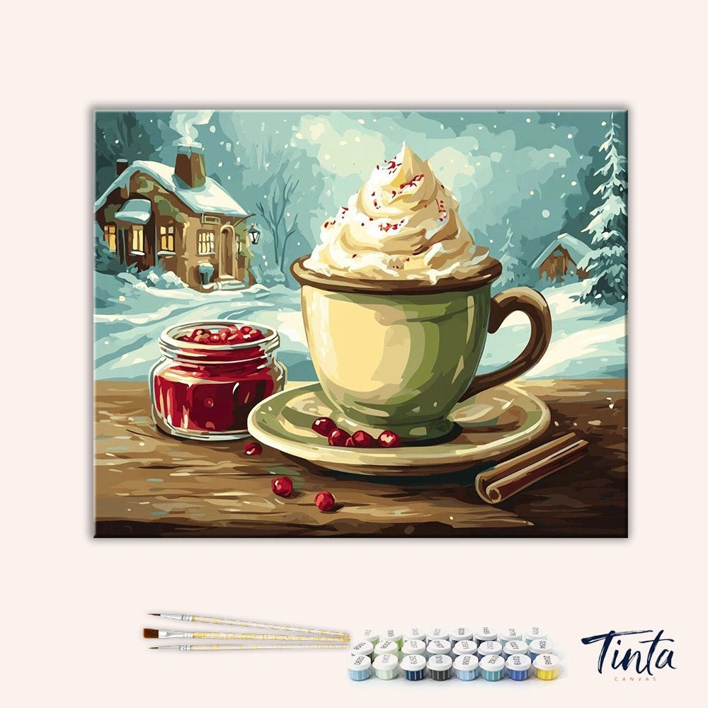 Clean artwork of Whipped Cream Delight paint by numbers kit featuring cozy winter scene and hot beverage