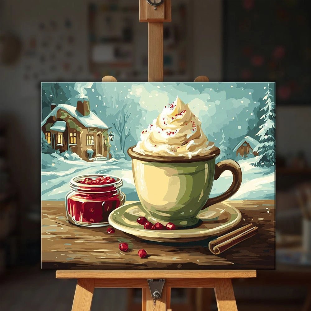 Whipped Cream Delight paint by numbers kit displayed on easel in warm setting with snowy cabin scenery