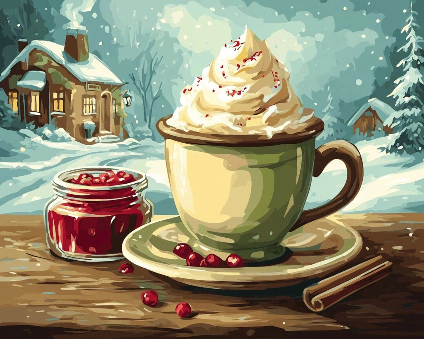 Raw landscape of Whipped Cream Delight paint by numbers kit showing winter village, snow, and cozy drink