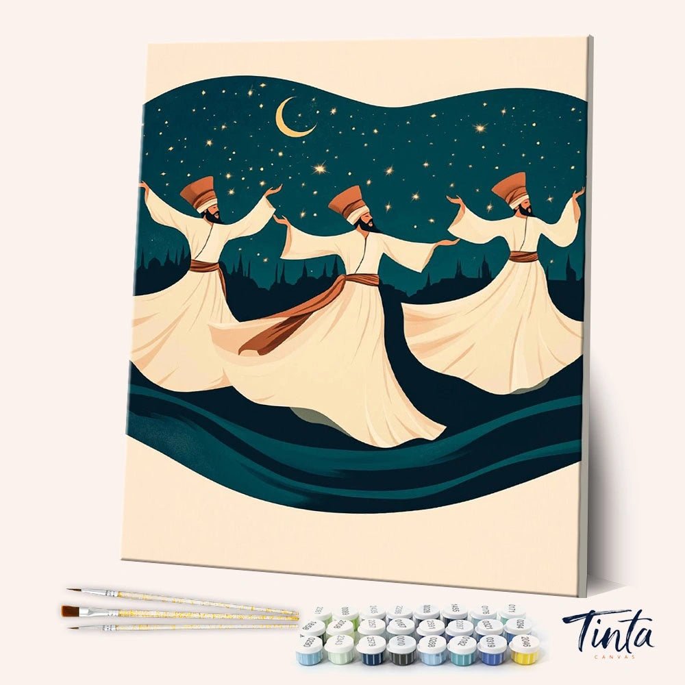 Whirling Dervishes paint by numbers kit shown in angled view with spinning figures under starry night sky