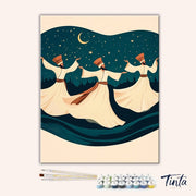 Clean artwork of Whirling Dervishes paint by numbers kit featuring flowing robes and crescent moon background