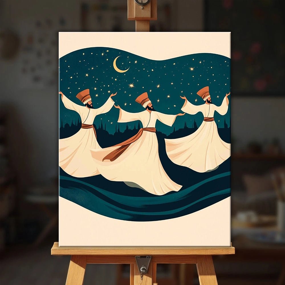 Whirling Dervishes paint by numbers kit displayed on easel in calm setting with spiritual dance artwork