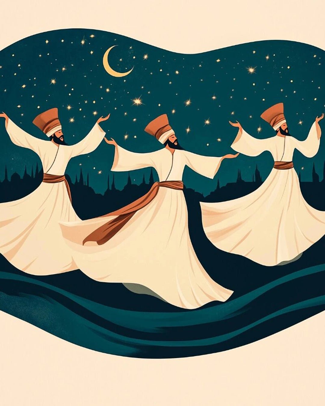 Raw landscape of Whirling Dervishes paint by numbers kit showing night sky, stars, and graceful motion