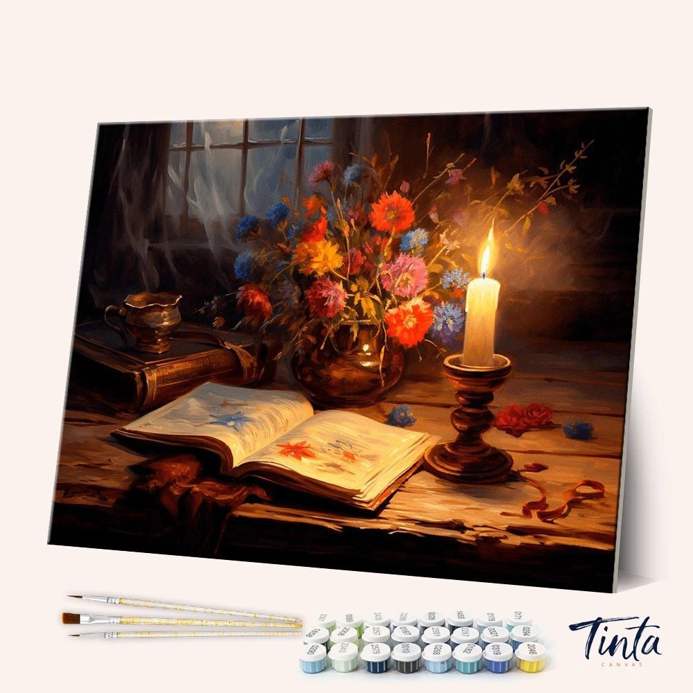 Whispers of the Past paint by numbers kit shown in angled view with candlelight, flowers, and open book