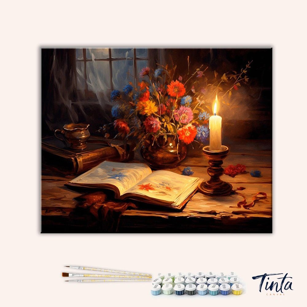 Clean artwork of Whispers of the Past paint by numbers kit featuring vintage still life and warm lighting