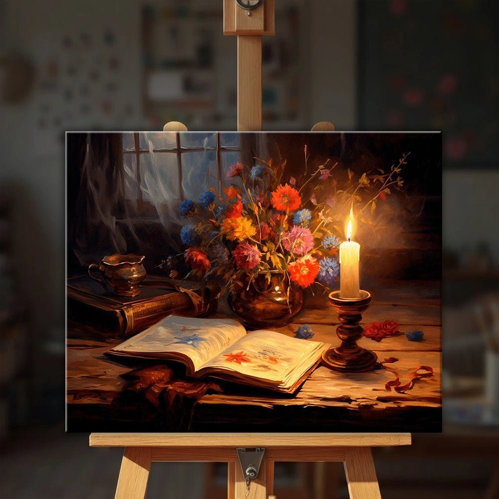 Whispers of the Past paint by numbers kit displayed on easel in cozy setting with nostalgic candlelit scene