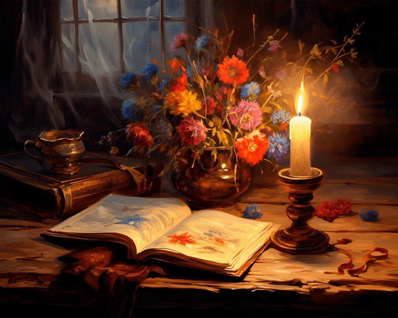 Raw landscape of Whispers of the Past paint by numbers kit showing books, flowers, and glowing candle