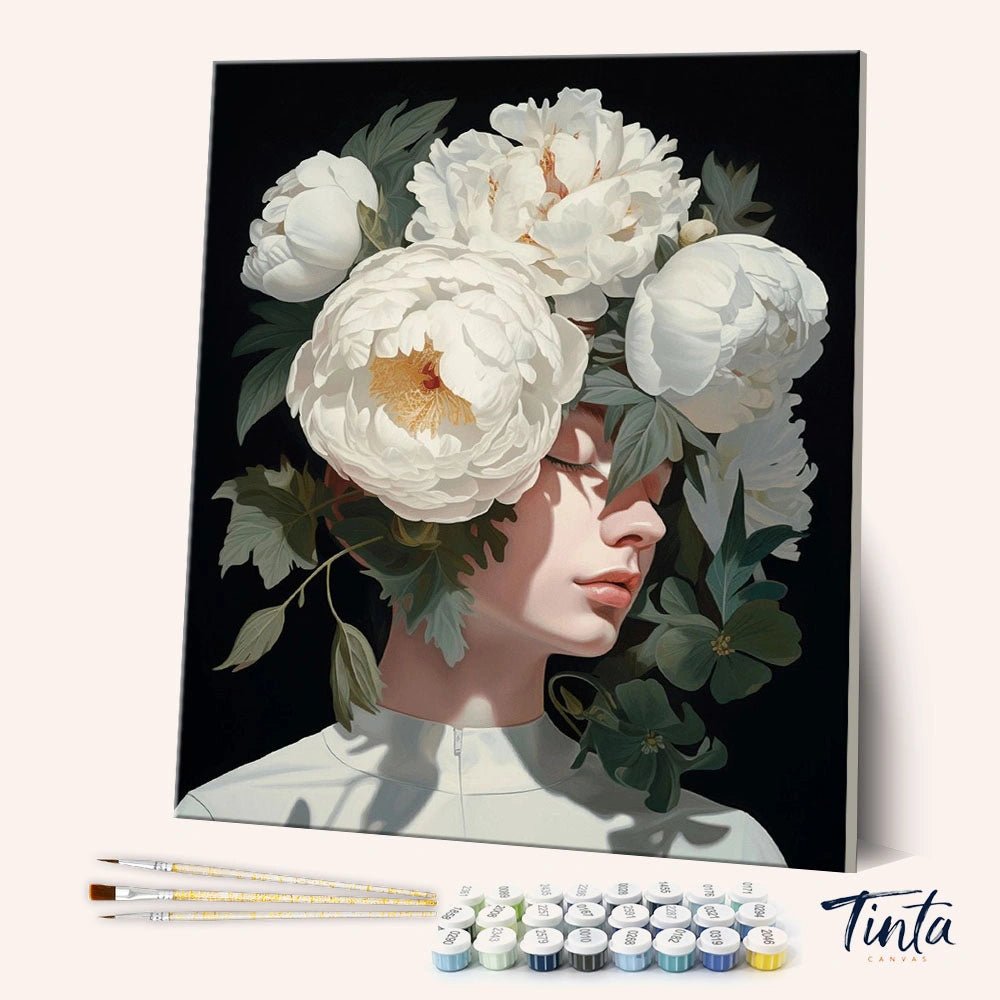 White Solitude paint by numbers kit shown in angled view with floral portrait and white blossoms