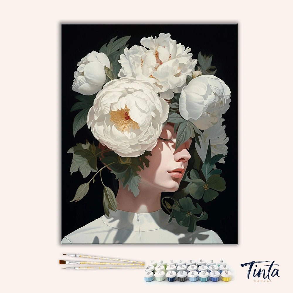 Clean artwork of White Solitude paint by numbers kit featuring woman with peony flowers and soft tones