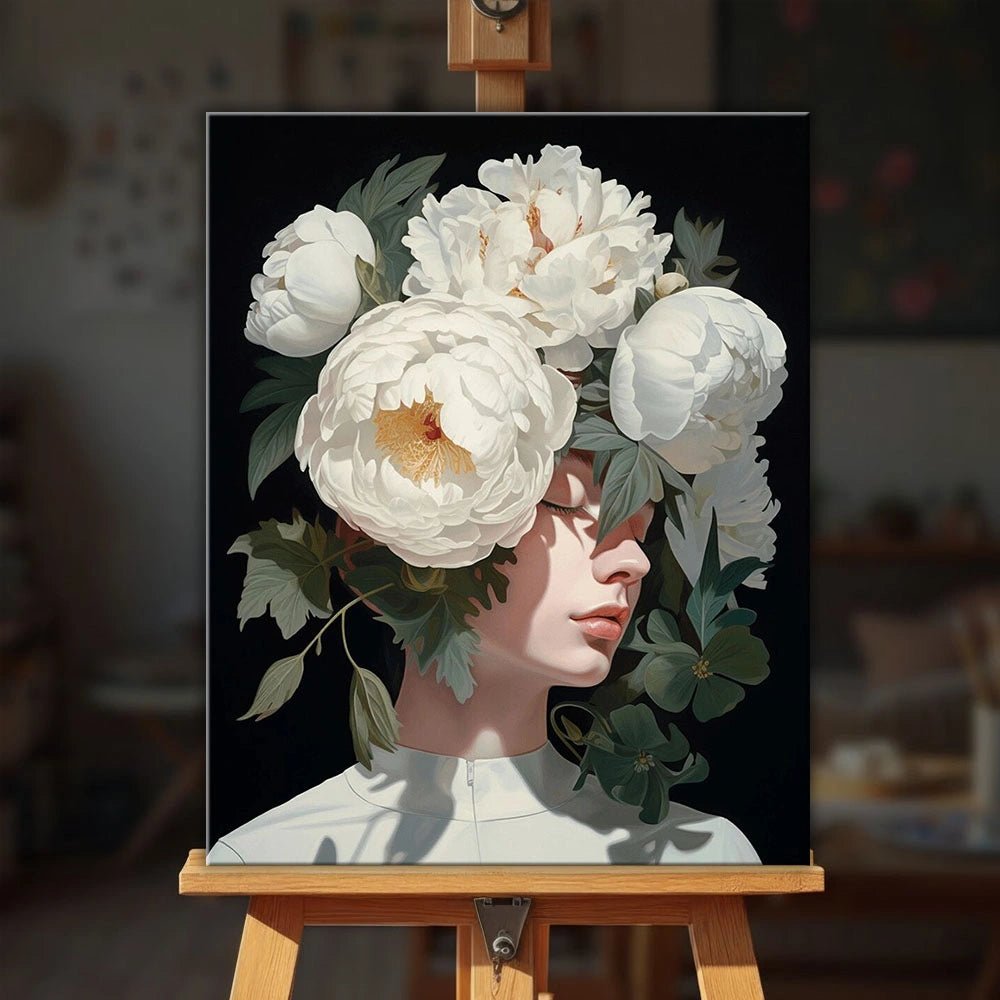 White Solitude paint by numbers kit displayed on easel in calm setting with elegant floral portrait