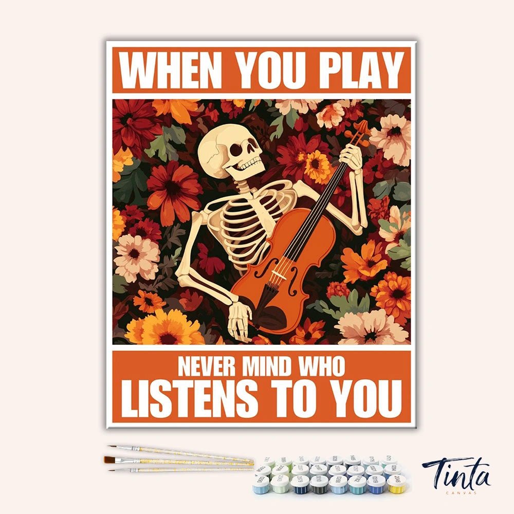 Clean artwork of Who Listens to You paint by numbers kit featuring skeleton musician and bold floral background