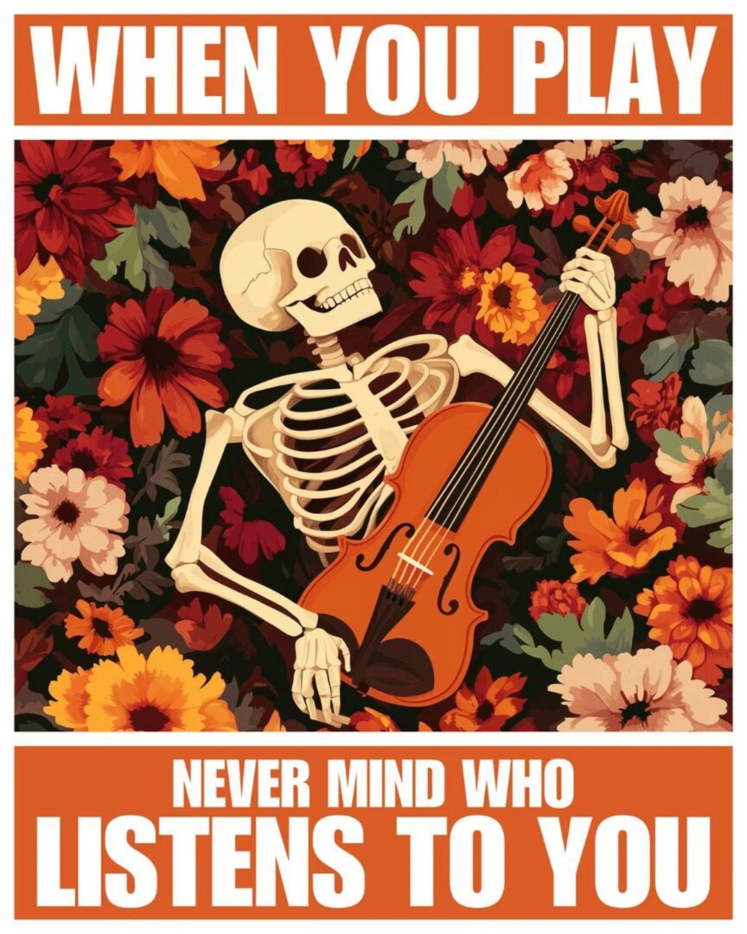Raw landscape of Who Listens to You paint by numbers kit showing typography, skeleton, and floral elements