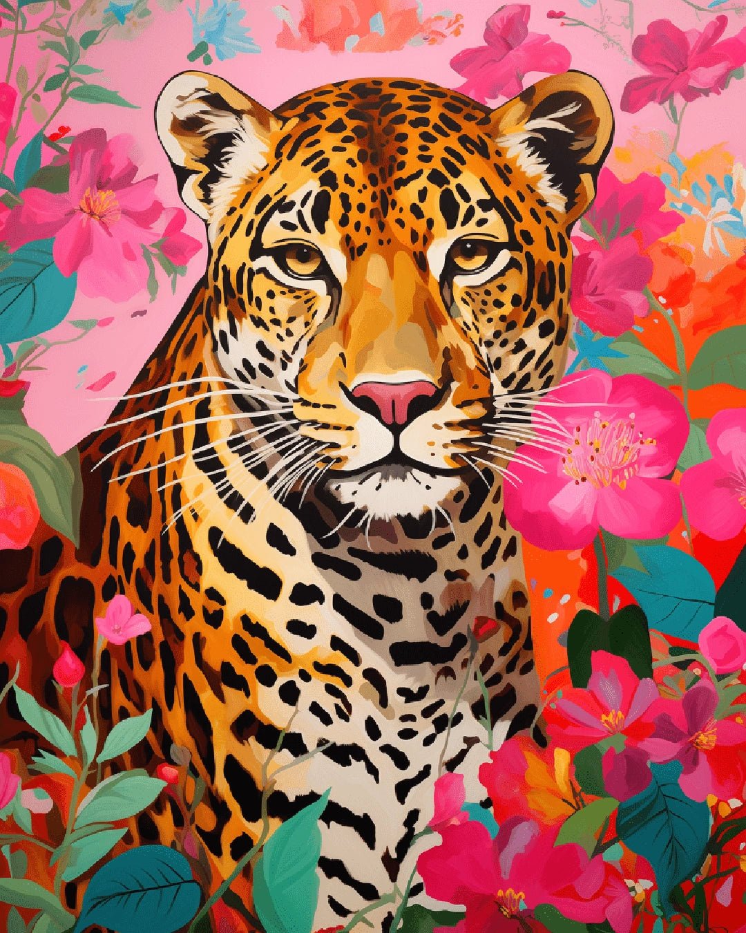 Paint by numbers canvas showing a floral leopard with bold colors and blossoms