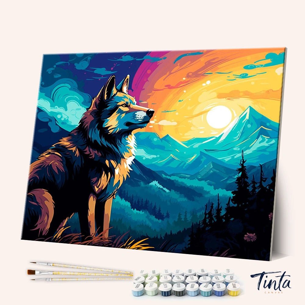 Wilderness Watcher paint by numbers kit shown in angled view with wolf, mountains, and vibrant sky
