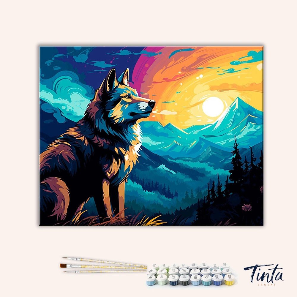 Clean artwork of Wilderness Watcher paint by numbers kit featuring wolf overlooking colorful mountain landscape