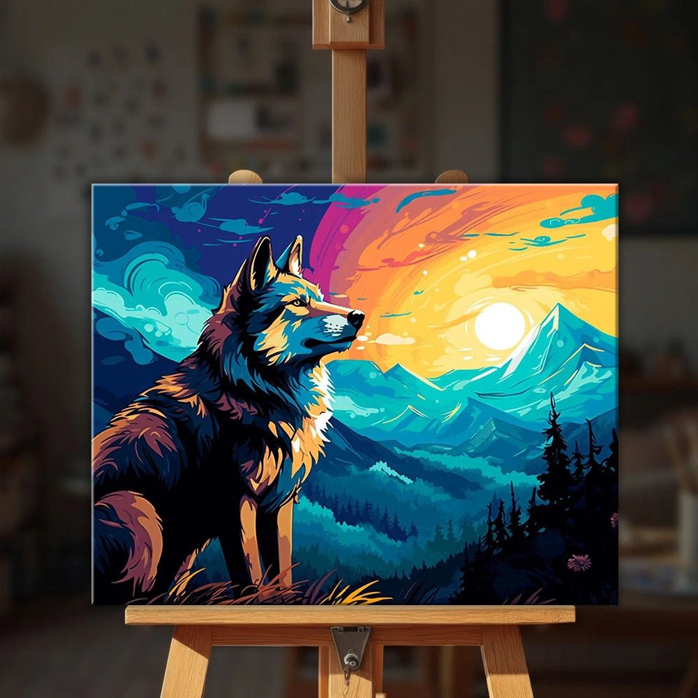 Wilderness Watcher paint by numbers kit displayed on easel in cozy setting with bold wildlife artwork