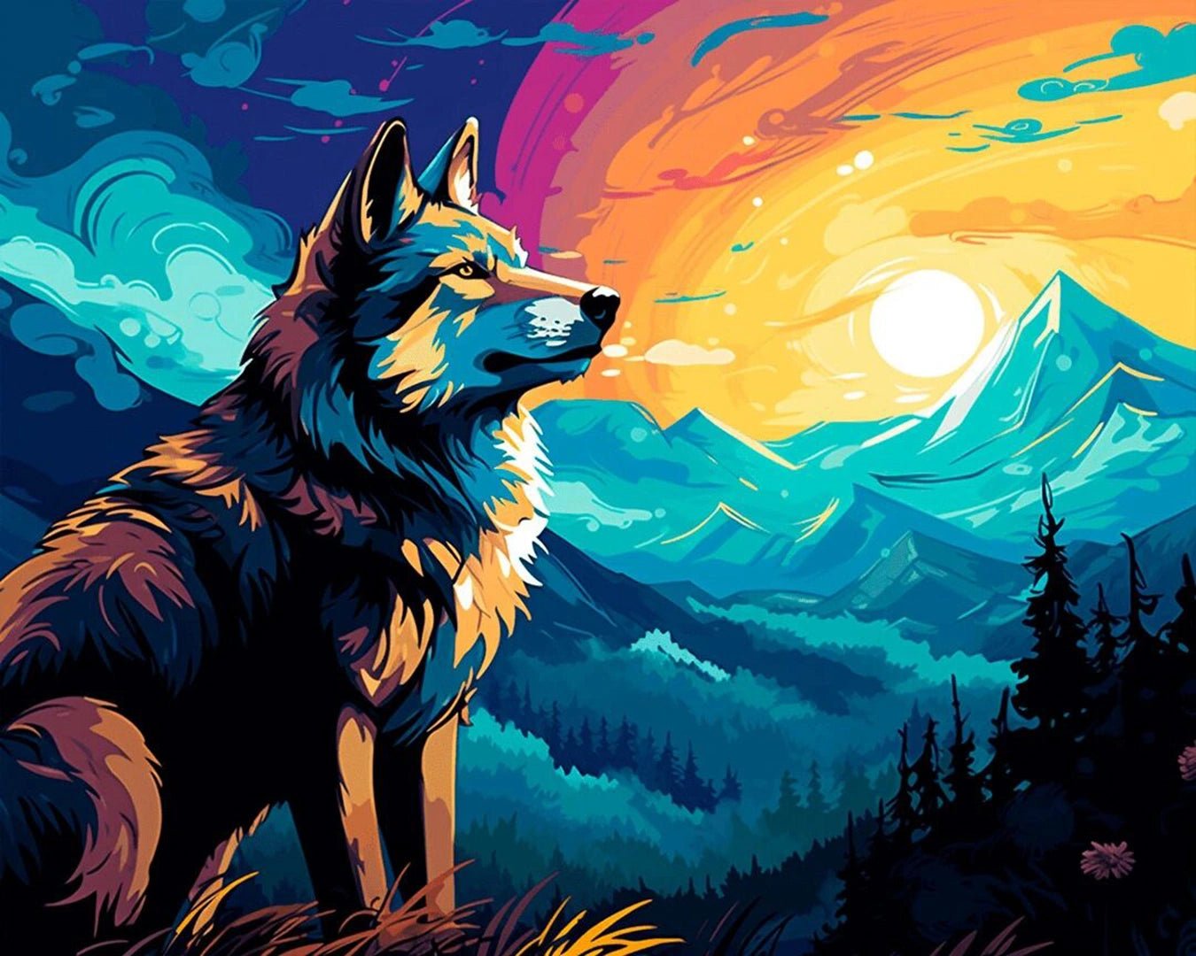 Raw landscape of Wilderness Watcher paint by numbers kit showing forest, mountains, and glowing sky