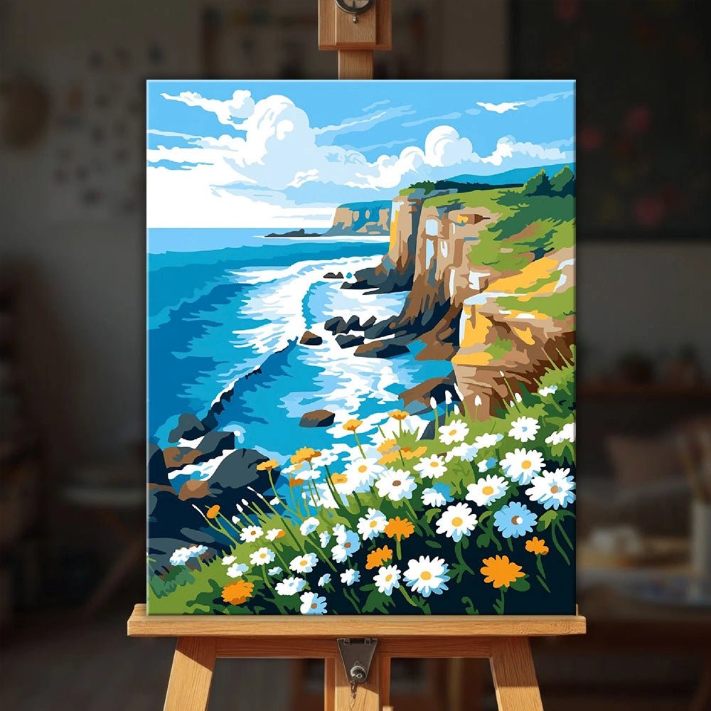 Wildflower Cliffside paint by numbers kit displayed on easel in a sunlit home setting by Tinta Canvas