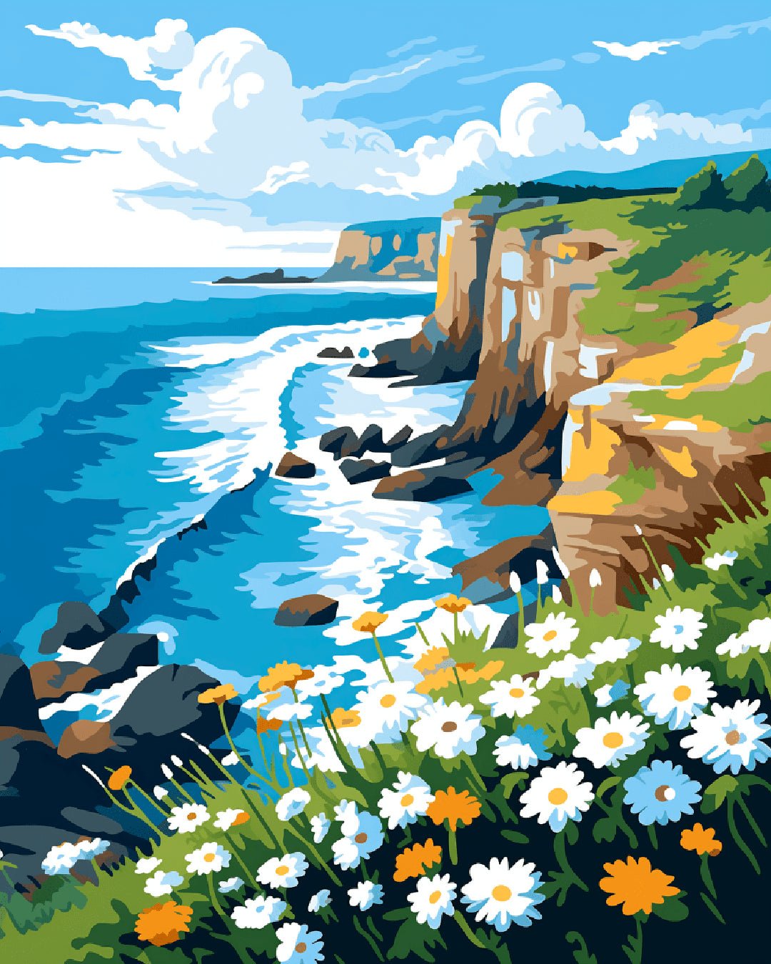 Raw landscape image of Wildflower Cliffside paint by numbers kit showing blue sea and rocky shore by Tinta Canvas