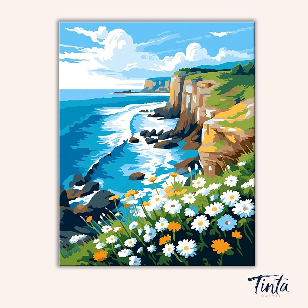 Clean artwork of Wildflower Coast Retreat paint by numbers kit showing cliffs ocean waves and daisies by Tinta Canvas