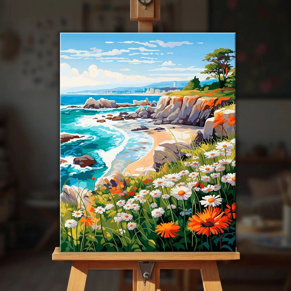 Wildflower Coast Retreat paint by numbers kit displayed on easel in a light filled living space by Tinta Canvas