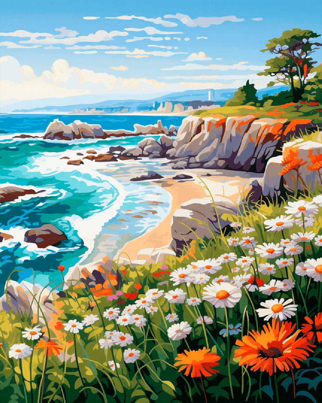 Wildflower Coast Retreat paint by numbers kit featuring rocky coastal cliffs, turquoise ocean waves, and blooming wildflowers
