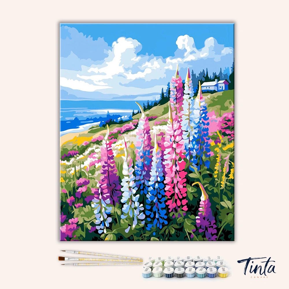 Clean artwork of Wildflower Coastal Bluff paint by numbers kit featuring coastal hills and blooming wildflowers