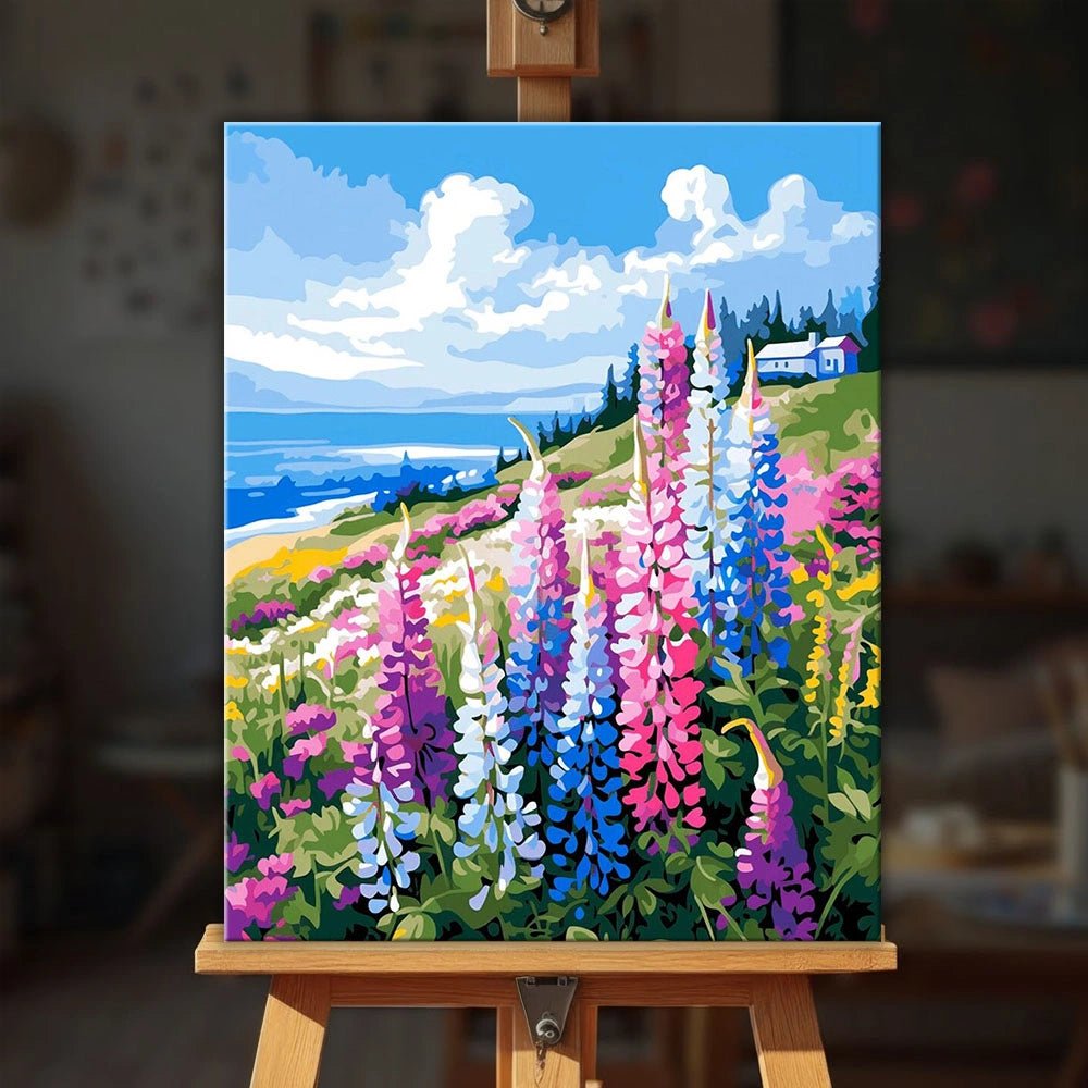 Wildflower Coastal Bluff paint by numbers kit displayed on easel in bright setting with seaside floral landscape