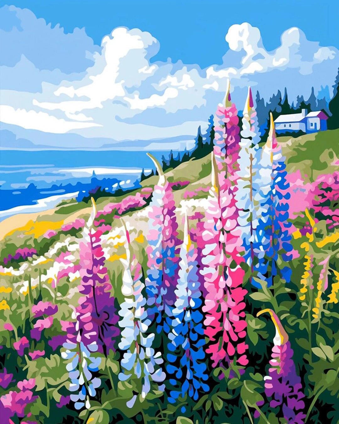 Raw landscape of Wildflower Coastal Bluff paint by numbers kit showing ocean, hills, and vibrant flowers