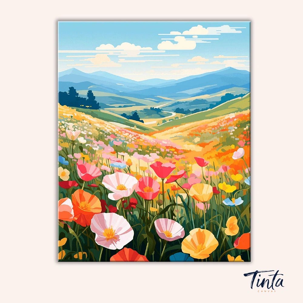 Full artwork of Wildflower Horizon paint by numbers kit showing vibrant poppies and distant blue mountains by Tinta Canvas