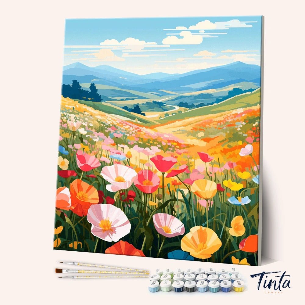 Angled canvas view of Wildflower Horizon paint by numbers kit with colorful meadow flowers and rolling hills by Tinta Canvas