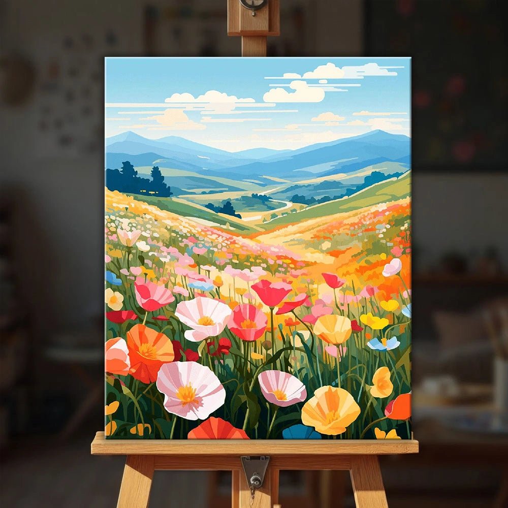 Wildflower Horizon paint by numbers kit displayed on an easel in a bright room setting by Tinta Canvas